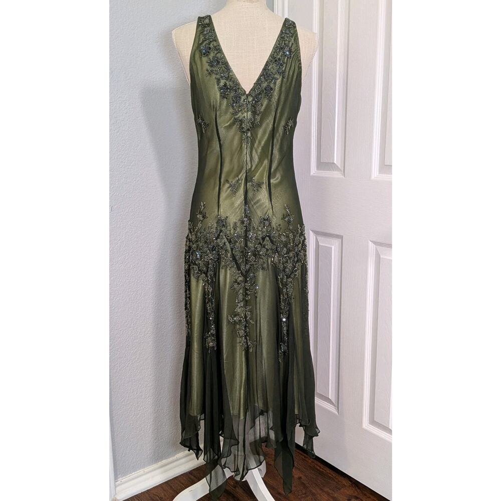 Vintage Silk Prom Dress Midi Gown L Green Y2K Fairy Floral Bead 90s Nymph Guest - Picture 3 of 11